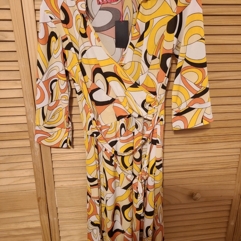 Multi colored mostly yellow wrap dress NWT sz L